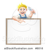 Vector Illustration of a Happy Blond White Mechanic Man Holding a Wrench over a White Board Sign by AtStockIllustration