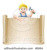 Vector Illustration of a Happy Blond White Worker Man Holding a Hammer and Pointing down at a Scroll Sign by AtStockIllustration