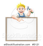 Vector Illustration of a Happy Blond Worker Man Holding a Hammer and Pointing down at a White Board Sign by AtStockIllustration