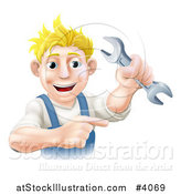 Vector Illustration of a Happy Blond Worker Man Holding a Wrench and Pointing by AtStockIllustration