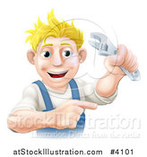 Vector Illustration of a Happy Blond Worker Pointing and Holding an Adjustable Spanner Wrench by AtStockIllustration