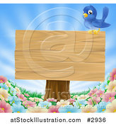 Vector Illustration of a Happy Blue Bird Perched on a Wooden Sign over Wild Flowers on a Sunny Day by AtStockIllustration