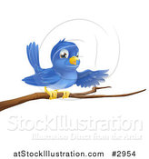 Vector Illustration of a Happy Blue Bird Pointing on a Bare Tree Branch by AtStockIllustration