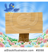 Vector Illustration of a Happy Blue Bird Presenting a Wooden Sign over Wild Flowers on a Sunny Day by AtStockIllustration