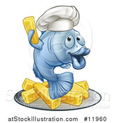 Vector Illustration of a Happy Blue Cod Fish Chef Holding up a Fry over Chips by AtStockIllustration