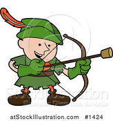 Vector Illustration of a Happy Boy in a Green Robin Hood Costume, Shooting an Arrow with a Cork on the Tip by AtStockIllustration