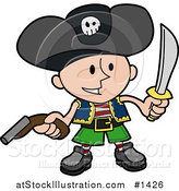 Vector Illustration of a Happy Boy in a Pirate's Costume, Wearing a Jolly Roger Hat, Holding a Pistil and a Sword by AtStockIllustration
