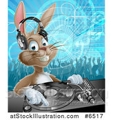 Vector Illustration of a Happy Brown Bunny Rabbit Dj Wearing Headphones over a Turntable Against a Dance Floor by AtStockIllustration