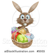 Vector Illustration of a Happy Brown Bunny with Easter Eggs and a Basket by AtStockIllustration