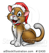 Vector Illustration of a Happy Brown Cat Wearing a Christmas Santa Hat, Sitting and Facing Left by AtStockIllustration
