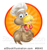 Vector Illustration of a Happy Brown Chef Chicken Giving a Thumb up and Emerging from a Circle of Sun Rays by AtStockIllustration