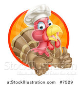 Vector Illustration of a Happy Brown Chef Chicken Giving a Thumb up and Emerging from a Circle of Sunset Rays by AtStockIllustration