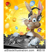 Vector Illustration of a Happy Brown Easter Bunny Rabbit Dj Wearing Headphones over a Turntable Against a Burst of Objects by AtStockIllustration