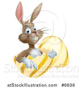 Vector Illustration of a Happy Brown Easter Bunny Sitting and Pointing from a Gold and Yellow Egg Shell by AtStockIllustration