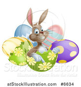 Vector Illustration of a Happy Brown Easter Bunny Sitting and Pointing from an Egg Shell by AtStockIllustration