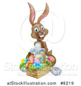 Vector Illustration of a Happy Brown Easter Bunny with a Basket of Eggs and Flowers by AtStockIllustration
