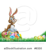Vector Illustration of a Happy Brown Easter Bunny with a Basket of Eggs and Flowers in the Grass, with White Text Space by AtStockIllustration
