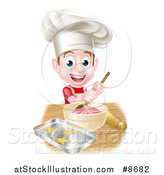 Vector Illustration of a Happy Brunette Caucasian Boy Wearing a Chef Hat and Making Frosting and Baking Cookies by AtStockIllustration