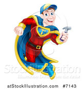 Vector Illustration of a Happy Brunette Caucasian Carpenter Worker Man Super Hero Running with a Hammer by AtStockIllustration
