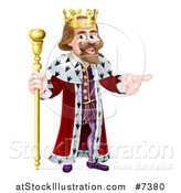 Vector Illustration of a Happy Brunette Caucasian King Holding a Staff and Pointing to the Right by AtStockIllustration