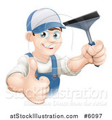 Vector Illustration of a Happy Brunette Caucasian Window Cleaner Man Holding a Squeegee and Thumb up by AtStockIllustration