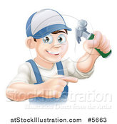 Vector Illustration of a Happy Brunette Caucasian Worker Man Holding a Hammer and Pointing by AtStockIllustration