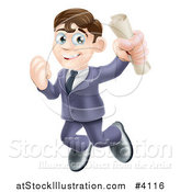 Vector Illustration of a Happy Brunette Graduate Business Man Jumping and Holding a Diploma by AtStockIllustration