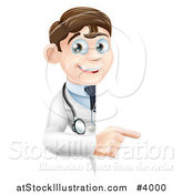 Vector Illustration of a Happy Brunette Male Doctor Pointing to a Sign by AtStockIllustration