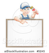 Vector Illustration of a Happy Brunette Male House Painter Holding a Brush and Pointing down to a White Board Sign by AtStockIllustration