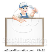 Vector Illustration of a Happy Brunette Mechanic Man Holding a Spanner Wrench and Pointing over a White Board Sign by AtStockIllustration