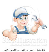 Vector Illustration of a Happy Brunette Mechanic Man Wearing a Hat, Holding a Wrench and a Thumb up by AtStockIllustration