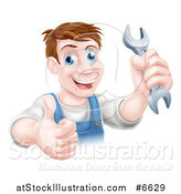 Vector Illustration of a Happy Brunette Middle Aged Caucasian Mechanic Man Holding a Wrench and Giving a Thumb up by AtStockIllustration