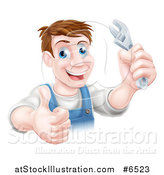 Vector Illustration of a Happy Brunette Middle Aged Caucasian Mechanic Man Holding a Wrench and Thumb up by AtStockIllustration