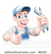 Vector Illustration of a Happy Brunette Middle Aged Caucasian Mechanic Man Holding a Wrench and Thumb up over a Sign by AtStockIllustration