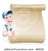 Vector Illustration of a Happy Brunette Middle Aged Caucasian Mechanic Man in Blue, Giving a Thumb up Around a Blank Scroll Sign by AtStockIllustration