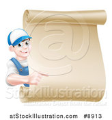 Vector Illustration of a Happy Brunette Middle Aged Caucasian Mechanic Man in Blue, Pointing Around a Blank Scroll Sign by AtStockIllustration