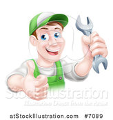 Vector Illustration of a Happy Brunette Middle Aged Caucasian Mechanic Man in Green, Wearing a Baseball Cap, Holding a Wrench and Thumb up by AtStockIllustration