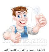 Vector Illustration of a Happy Brunette Middle Aged White Male Electrician Giving a Thumb up and Holding a Light Bulb over a Sign by AtStockIllustration