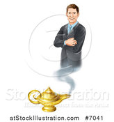 Vector Illustration of a Happy Brunette White Businessman Genie with Folded Arms, Emerging from a Lamp by AtStockIllustration