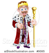 Vector Illustration of a Happy Brunette White King Giving a Thumb up and Holding a Gold Sceptre by AtStockIllustration