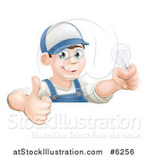 Vector Illustration of a Happy Brunette White Male Electrician Giving a Thumb up and Holding a Light Bulb over a Sign by AtStockIllustration