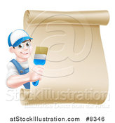 Vector Illustration of a Happy Brunette White Male House Painter Holding a Brush Around a Scroll Sign by AtStockIllustration