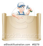 Vector Illustration of a Happy Brunette Worker Man Holding a Hammer and Pointing down at a Scroll Sign by AtStockIllustration
