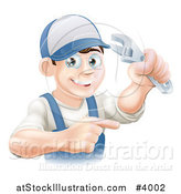Vector Illustration of a Happy Brunette Worker Man Holding a Wrench and Pointing by AtStockIllustration