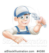 Vector Illustration of a Happy Brunette Worker Man Holding a Wrench and Pointing down to a Sign by AtStockIllustration