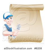 Vector Illustration of a Happy Brunette Young Caucasian Mechanic Man in Blue, Holding an Adjustable Wrench and Looking Around a Blank Scroll Sign by AtStockIllustration