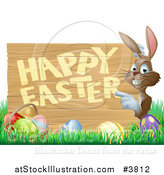 Vector Illustration of a Happy Bunny Pointing to a Happy Easter Sign, with a Basket and Easter Eggs in Grass by AtStockIllustration