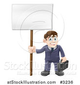 Vector Illustration of a Happy Businessman Carrying a Briefcase and Holding a Sign by AtStockIllustration
