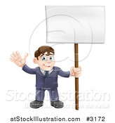 Vector Illustration of a Happy Businessman Waving and Holding a Sign by AtStockIllustration