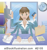 Vector Illustration of a Happy Businesswoman Multi Tasking in Her Office by AtStockIllustration